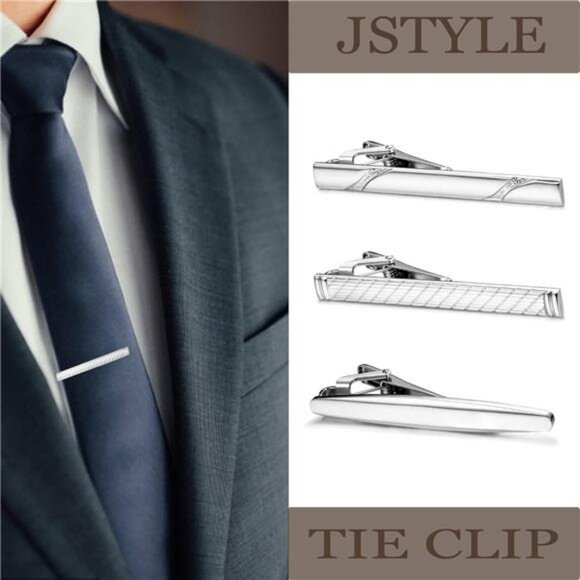 set of 3 silver tie clips stainless steel for men business wedding formal attire - Picture 3 of 7